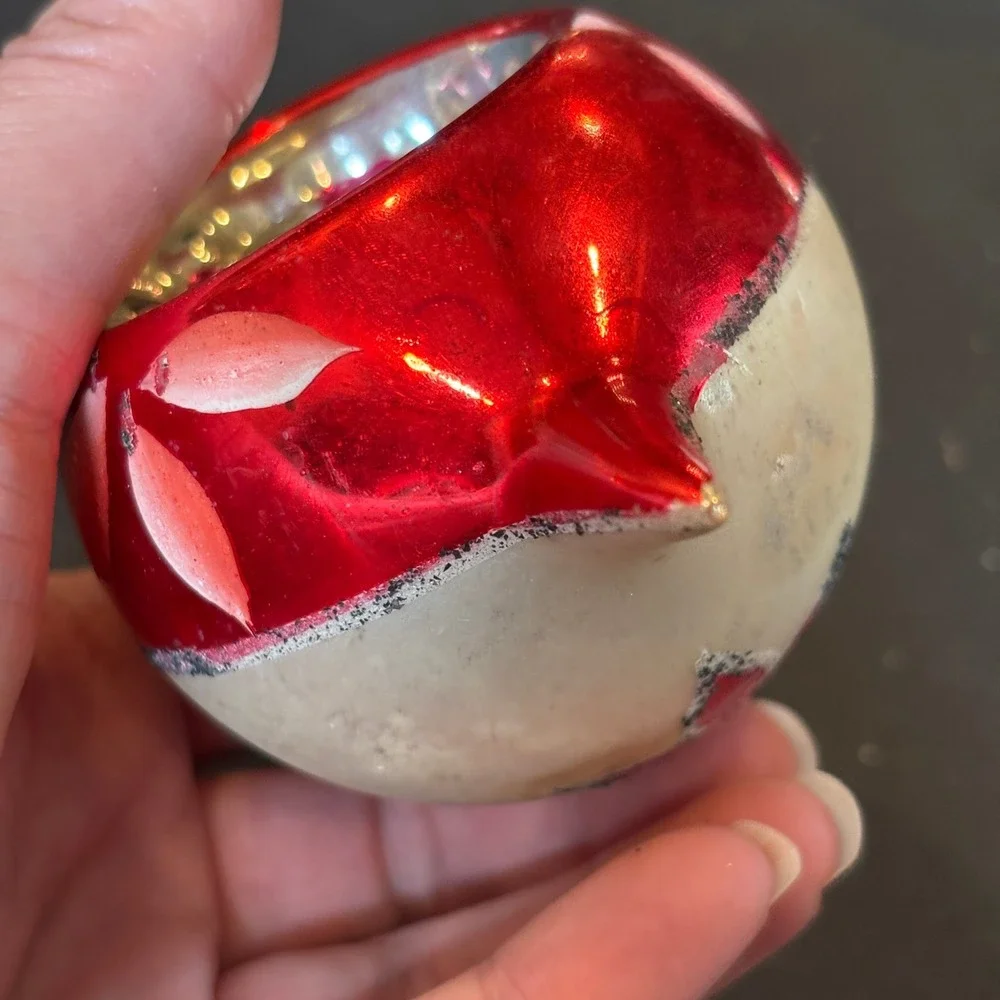 Vintage Hand Painted Indent Teardrop Red Gold Pink Floral Motif Glass Ornament